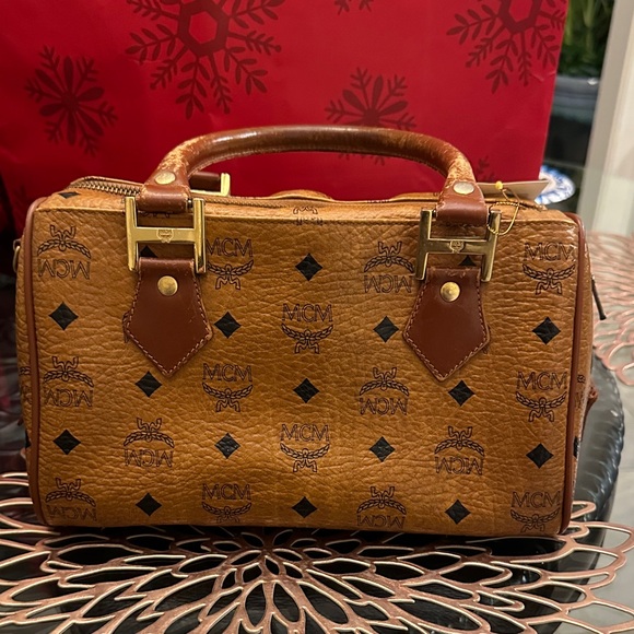 MCM Tan Monogram Satchel with Gold Accents - Picture 6 of 14